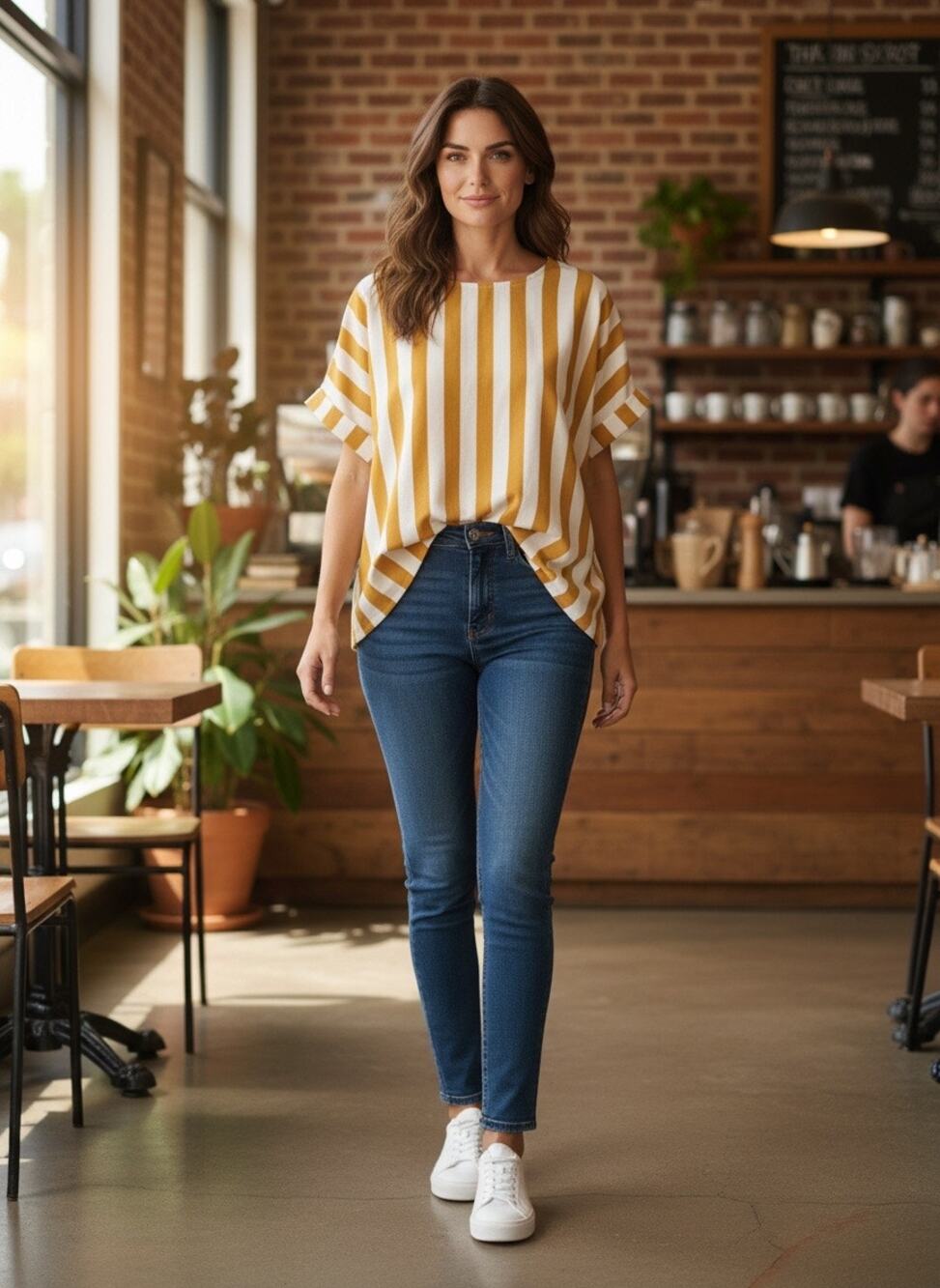Umgee Yellow and White Vertical Stripe Blouse Size Small NWOT